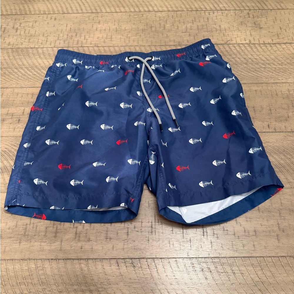 Men's Navy Fish Pattern Swim Trunks
